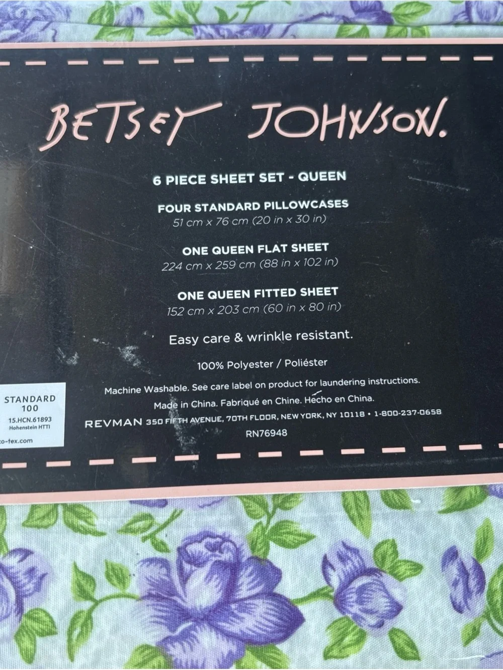 Betsey Johnson Light Blue Sheet Set with Purple Floral Print